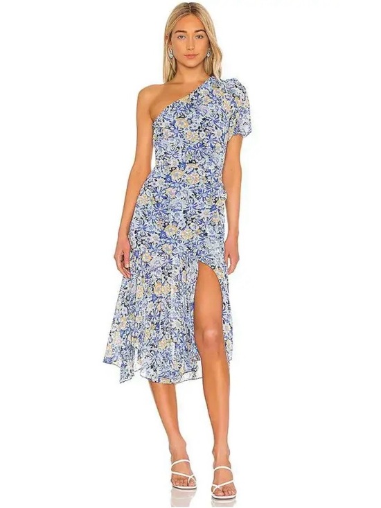 Astr Dresses & Skirts - ASTR The Label Blue Floral Santorini One Puff Sleeve Shoulder Midi Dress Size XS